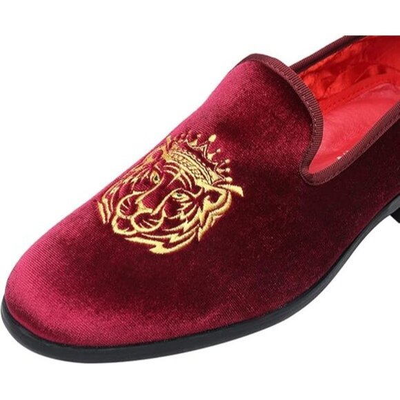Elanroman Mens Rich Red Velvet Loafers Size 44 (10) Embroidered Tiger Design - Picture 4 of 13